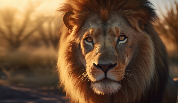 Generative AI image of Majestic Lion in Golden Hour Light