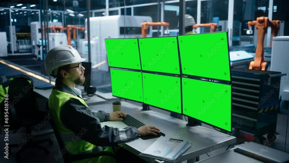 Poster Caucasian Male Autonomous Assembly Line Operator Using Multi Monitor Workstation With Green Screen Chromakey On Displays To Monitor And Control Production Of Modern Electronics With Robotic Arms.