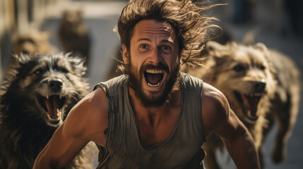 Man in Panic Fleeing from a Pack of Wild Dogs in Alley