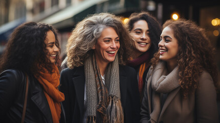 Obraz premium Group of Four Women Laughing Together on a City Street