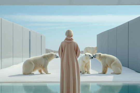 Generative AI image of a person with polar bears in a futuristic habitat