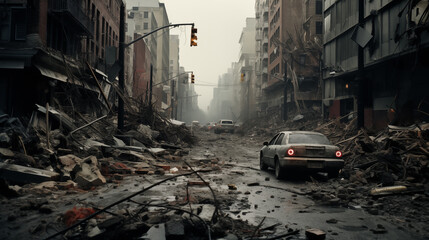 Apocalyptic City Street After Disaster, Abandoned Car Amidst Ruins