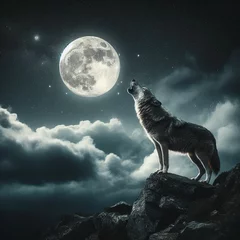 Deurstickers wolf howling at the moon in the night sky © VIMAG