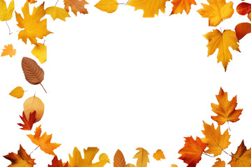 Autumn leaves and frame with copy space on transparent background. Isolated.
