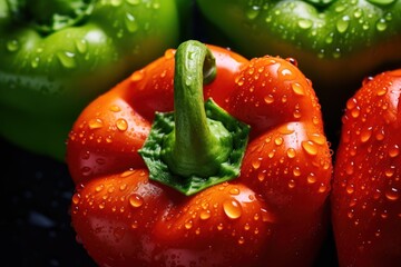  a group of green and red peppers with drops of water on the top of them and a green pepper in the middle of the picture, with a green pepper in the foreground.