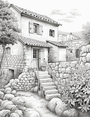 a coloring page for adults, Croatian Rural Home, Mediterranean style, often with stone work