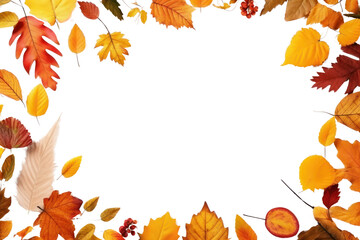 Autumn leaves and frame with copy space on transparent background. Isolated.