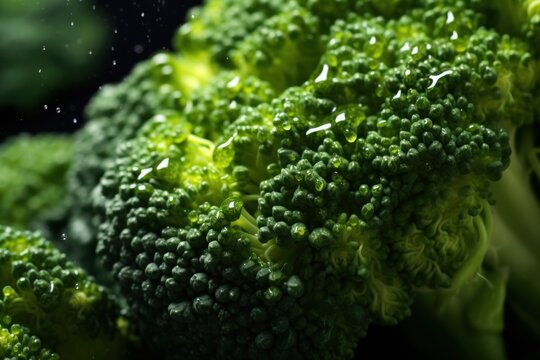  a close up of a piece of broccoli with drops of water on the broccoli florets and the broccoli florets in the background.