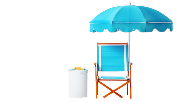 beach chair blue beach umbrella and ring buoy , transparent background Isolated on a white background