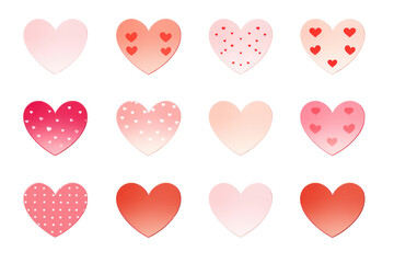 Set of vintage red and pink heart shaped stickers, On a transparent background. Isolated.