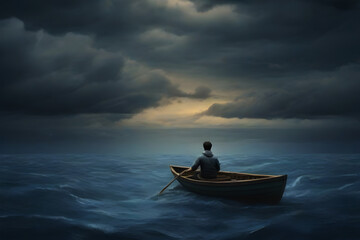 Determined Isolation: Lonely Man Navigates Stormy Blue Ocean in Rowboat