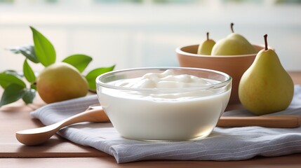A wooden spoon in a bowl of yogurt Create a simple. Ai generative