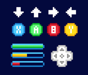 Set of 8bit pixel art game asset. Retro graphic interface elements for video games. Health or stamina progress bar, gamepad button and arrow. Cartoon flat vector collection isolated on dark background © Rudzhan
