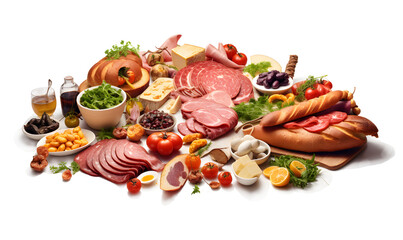 Meat products isolated on transparent background. . Meat platter with ham, salami, ham, bacon, cheese, olives and tomatoes.