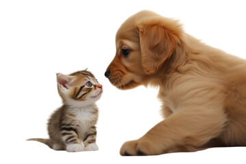 Cute kitten and puppy playing together,On a transparent background. Isolated.