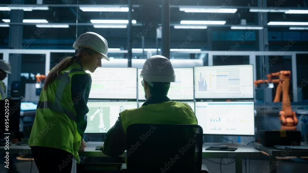 Aufkleber Caucasian Male Engineer Using Multi Monitor Workstation And Talking To Female Production Supervisor At Electronics Factory. Colleagues Monitoring Autonomous Assembly Line With Robotic Arms. Back View