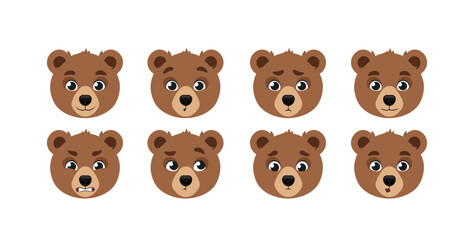 Set of Character Constructor for Animation. Face of cute bear expressing various emotions. Cheerful, sad, surprised and angry forest animal. Cartoon flat vector collection isolated on white background