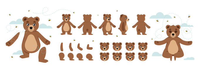 Set of Character Constructor for Animation. Bunch of body parts and emotional expression of adorable forest bear. Animal in different poses. Cartoon flat vector collection isolated on white background