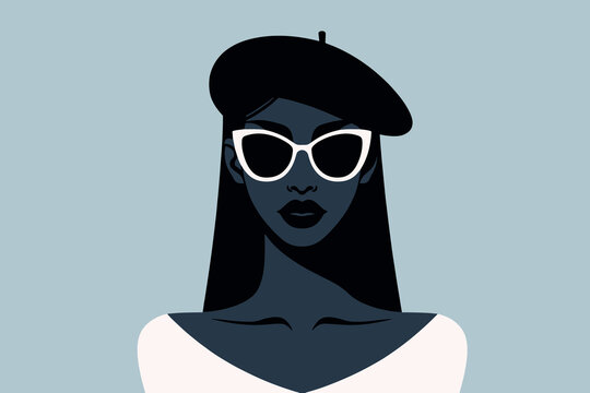 Beautiful black woman portrait wearing sunglasses and a beret. Vector illustration in blue-gray tones. Artwork, print. Minimalism