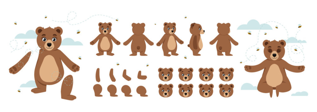 Set of Character Constructor for Animation. Bunch of body parts and emotional expression of adorable forest bear. Animal in different poses. Cartoon flat vector collection isolated on white background