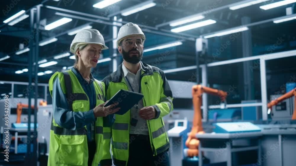 Poster portrait of hispanic male engineer and caucasian female supervisor walking, using tablet computer an