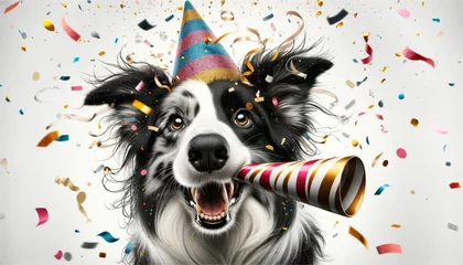 Fotobehang Funny Collie Dog celebrating party birthday or carnival wearing party hat. Party animal concept. Border collie at party wearing party hat and striped horn © angellodeco