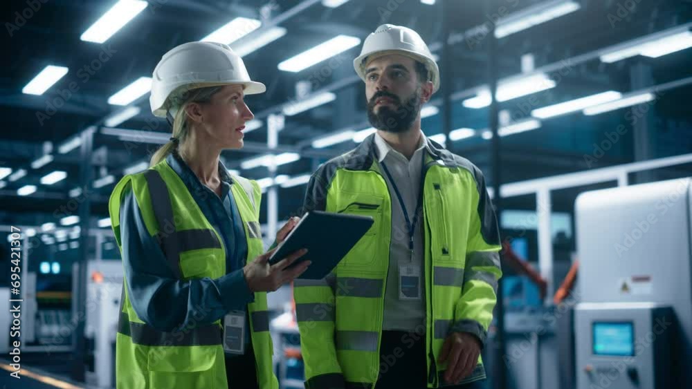 Poster two diverse engineers walking, using tablet computer at an industrial machinery factory. caucasian f