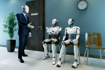 Robots in a queue for a job interview - 695421301