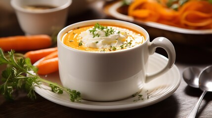 Carrot soup in a mug with carrots sour cream Create. Ai generative