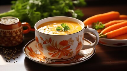 Obraz na płótnie Canvas Carrot soup in a mug with carrots sour cream Create. Ai generative