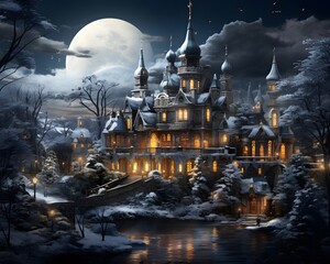 Beautiful fantasy landscape with a castle in the moonlight at night