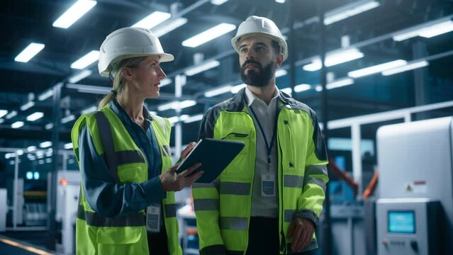 Two Diverse Engineers Walking, Using Tablet Computer at an Industrial Machinery Factory. Caucasian Female and Hispanic Male Specialists Chatting and Monitoring Robots on a Modern Assembly Line.
