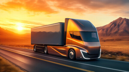 Electric semi-truck for long-distance transportation on a deserted road at sunset. The concept of road freight transport in the future.