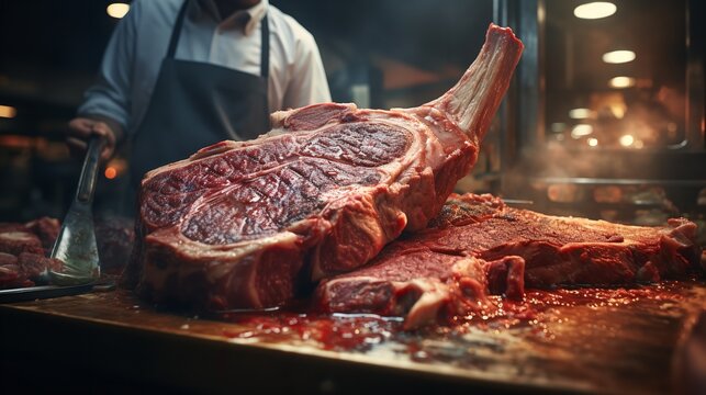 Closeup of a butcher serving fresh tomahawk steak. Ai generative