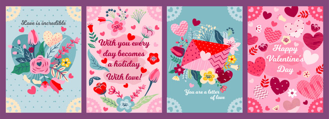 Fototapeta na wymiar Happy Valentines Day poster set. Romantic covers with pink hearts, bouquets of blooming flowers, love letters. Design element for greeting card. Cartoon flat vector collection isolated on background