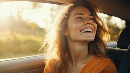 Enervate a warm and realistic image of a smiling in car. Ai generative