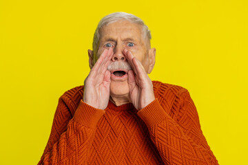 Keep my secrets, silence. Senior old man whisper news rumors holding hands near mouth, share...