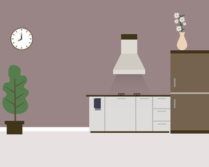 Kitchen room interior with furniture. Cozy kitchen interior with , stove, cupboard, dishes and fridge. Flat style vector illustration.