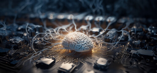 connecting the brain to a microcircuit and processor chip, the concept of cyborg technology in the human body - obrazy, fototapety, plakaty