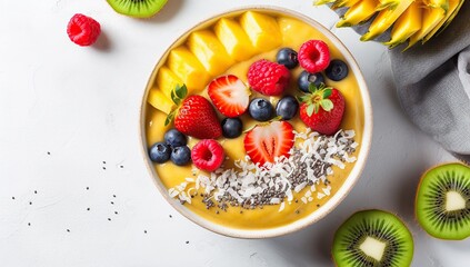 Fruit smoothie bowl with mango, berries, and coconut, served in a ceramic bowl. The concept of vegetarianism and healthy lifestyle