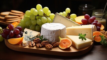 French cheese platter in a bright wooden background. Ai generative