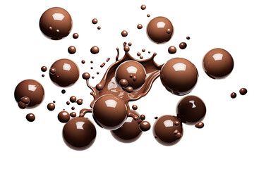 Chocolate ball falling with sauce splashing in the air isolated on transparent background, dessert sweet concept, piece of dark chocolate.