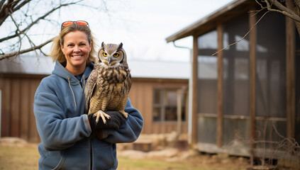An adult white blonde woman in a blue jacket holding a large owl near a barn - Powered by Adobe