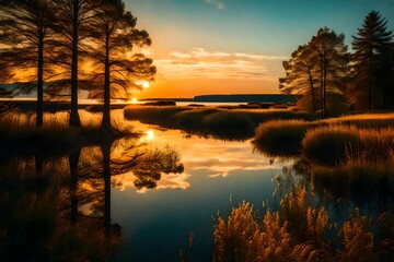 sunset at coast of the lake. Nature landscape. Nature in northern Europe. reflection, blue sky and yellow sunlight. landscape during sunset.
