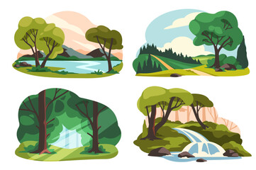 Set of natural landscapes. Beautiful pristine forest panoramas with trees, green glades, rivers and waterfalls. Peaceful serene sceneries. Cartoon flat vector collection isolated on white background