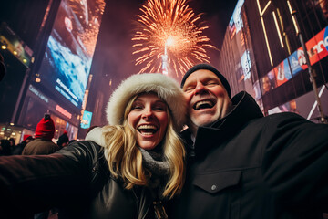An adult couple celebrating new year eve time square Manhattan