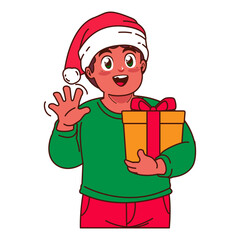 A Boy in a Santa hat holding a Christmas gift