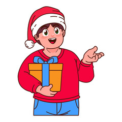 A Boy in a Santa hat holding a Christmas gift