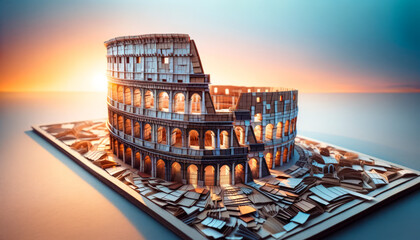 A close or medium shot angle of the Colosseum in Rome at sunset, creatively crafted from a mix of paper and fabric, showcasing a variety of textures a.