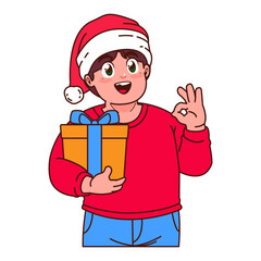 A Boy in a Santa hat holding a Christmas gift